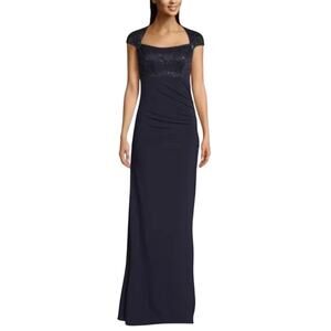 Betsy & Adam Sequined Lace Embellished Long Column Evening Gown Navy Blue Size 8